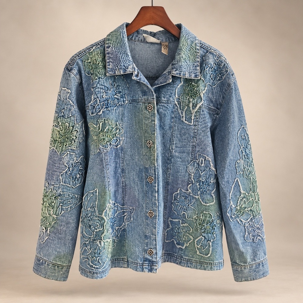 Chico's Design Floral Appliqué Embellished Denim Jacket Size 3 XL Blue Green